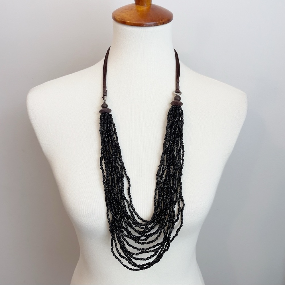 Seed Wood Bead Necklace Black Multi Strand Cord Long NWOT